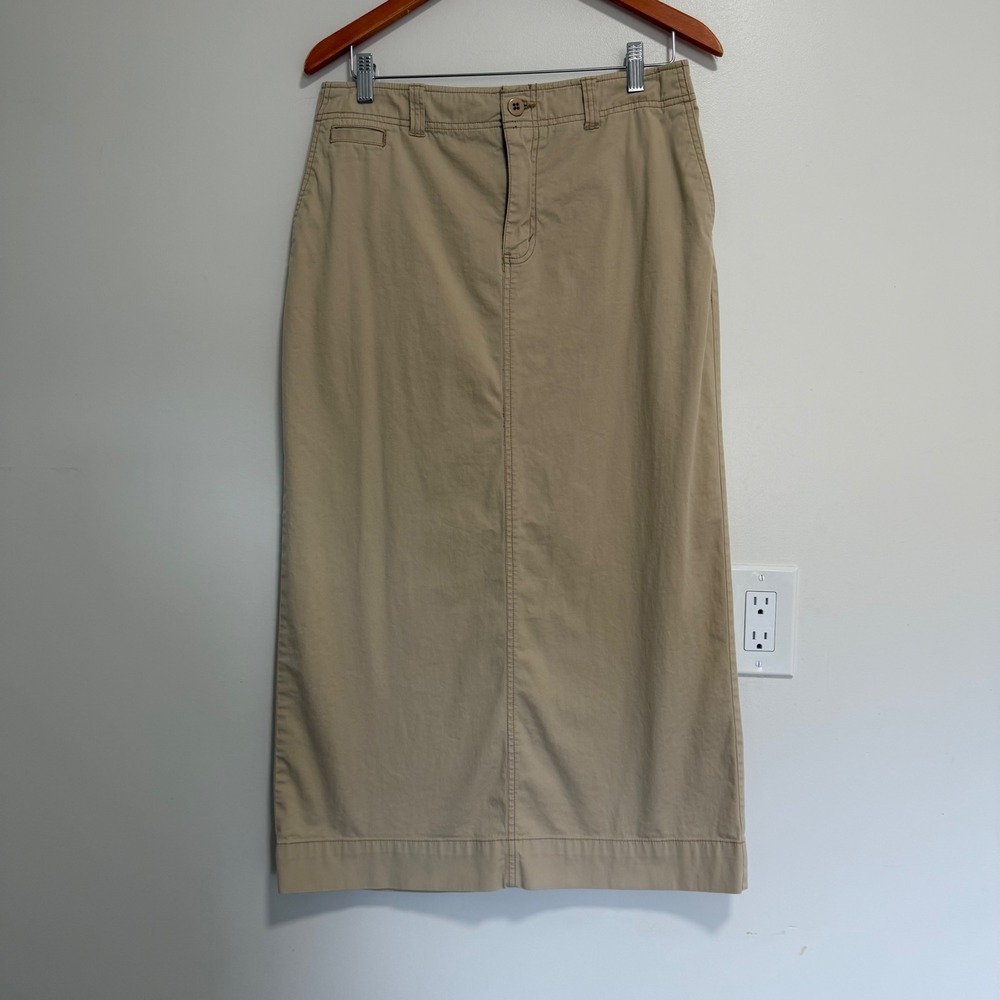 Eddie Bauer Khaki Stretch Cotton Midi Skirt Womens 10 Tan Casual Utility Skirt